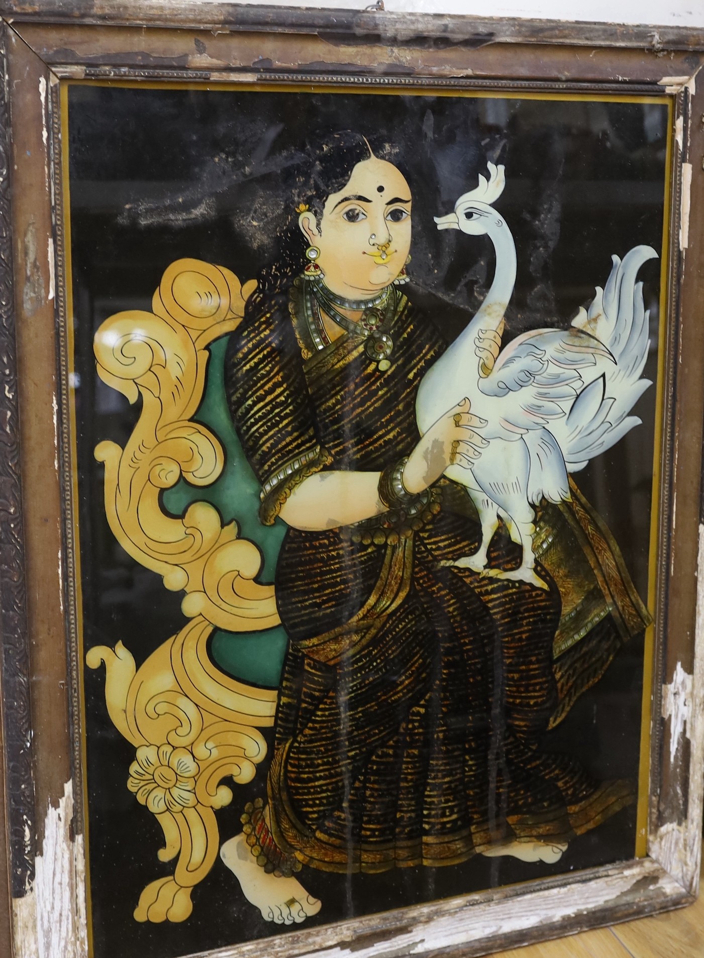 Indian School c.1900, five reverse paintings on glass, Nobles, deities and other figures, largest 59 x 44cm